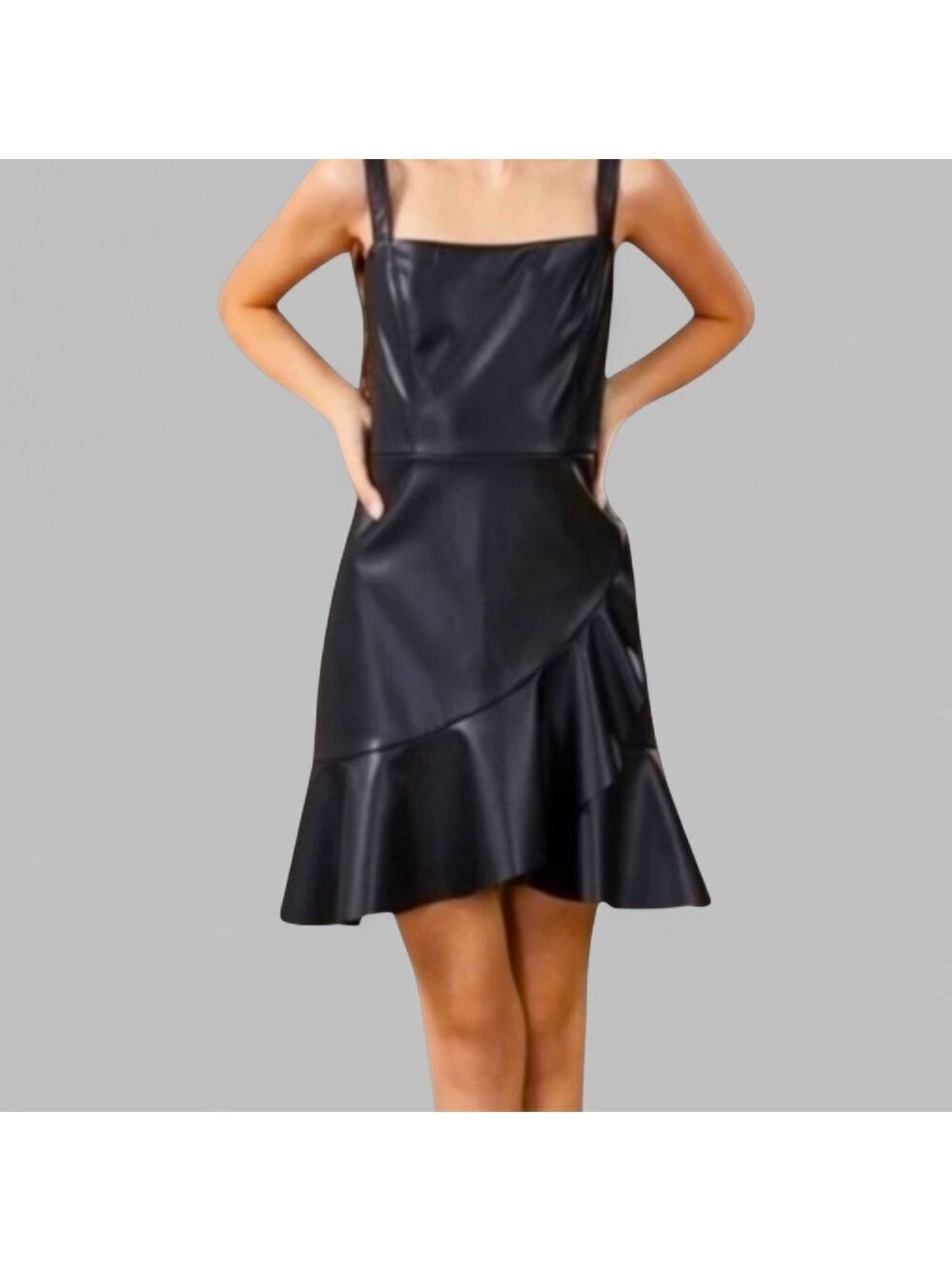 BCBGENERATION-Women's Faux-Leather Flounce-Hem Mini Dress-XS-black Retail $128 - Picture 11 of 13